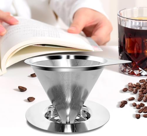 LHS Pour Over Coffee Dripper Reusable Coffee Filter Paperless Coffee Filter Stainless Steel Pour Over Coffee Maker Cone Coffee Dripper for 1-2 Cup,Argyle Pattern - Image 6