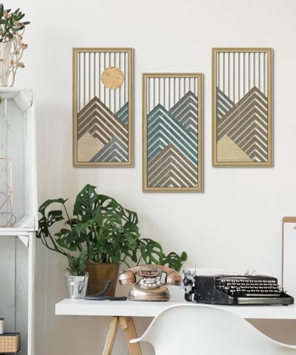 Putuo Decor Mountain Line Wall Art Set of 3, Modern Abstract Nature-Inspired Cut-Out Panels, MDF Wall Decor with Chevron Stripes and Sun Design for Living Room Bedroom Office - Image 4