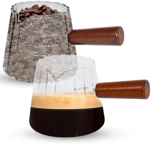 2pcs Espresso Cups with Wood Handle 6oz, Espresso Measuring Cup, Transparent Design with Clear Scale, Cold And Heat Resistant, V-Shaped Spout for Coffee, Milk, Tea or Maple Syrup by Unknown