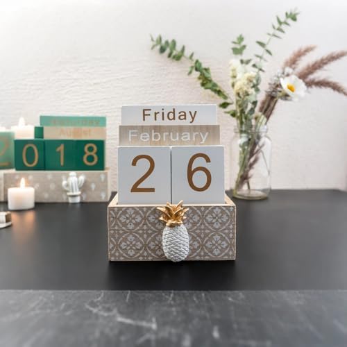 Notakia Vintage Wood Block Perpetual Calendar Month Week Date Display for Home Office Desk Rustic Decoration, Brown pineapple - Image 7