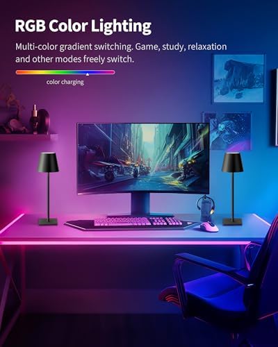 KDG 2 Pack Cordless Black Table Lamps, RGB Color Stepless Dimming Desk Lamp - Image 2