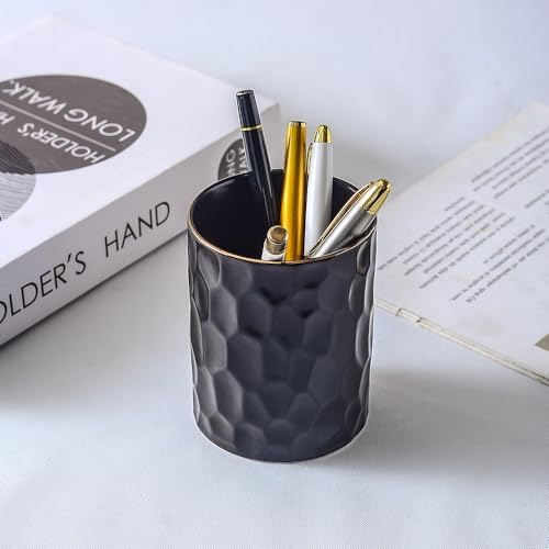 Ceramic Aesthetic Pen Holder for Desk Cute Pencil Holder Cup Pot Desk Organizer for Men Women Makeup Brush Holder Toothbrush Holder (Black) - Image 2
