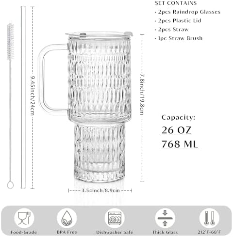 INSETLAN 24 oz Raindrop Glass Tumbler with Handle and Lid, Set of 2 – Reusable Iced Coffee Cups with Lids, Clear Glass Cups with Straw for Coffee, Smoothies, Tea, Juice – Perfect for any Occasion - Image 2