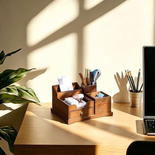 Bamboo Desk Organizer with Drawer, Wood Pen Holder & Card Slot, Brown - Image 4
