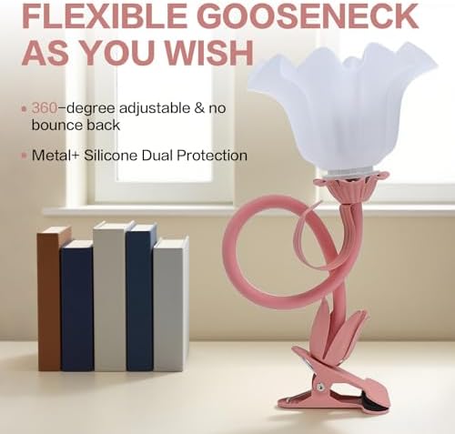 Clip On Light and Flower Bedside Table Lamp, Flexible Gooseneck Reading Book Light with 3 Color Modes, Night Light for Kids Nursery, Clip on for Desk, Bed Headboard, Dorm (Pink) - Image 5