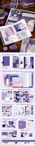 Alunsito 155pcs Aesthetic Scrapbook Kit, Vintage Scrapbooking Supplies Kit for Bullet Junk Journal, A6 Grid Notebook, Journaling Supplies, DIY Craft Decor Gifts for Adults, Moonlight Theme, Purple - Image 7