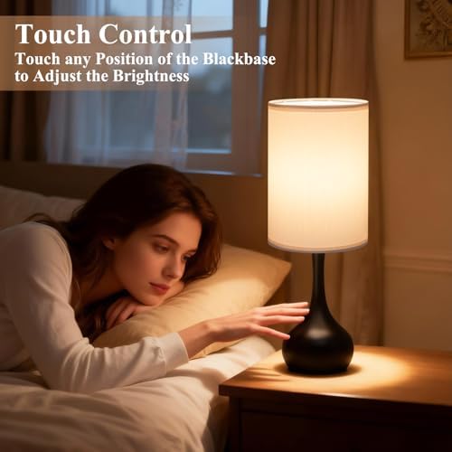 ONEWISH Touch Bedside Lamp for Bedroom, 3-Way Dimmable Table Lamps for Nightstand, White Fabric Shade Desk Lamp for Kids Reading, Living Room, Home Office - Image 3