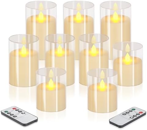 wemarry Flameless Candles 4" 5" 6" Acrylic Glass Pillars 3" Diameter Battery Operated Flickering Candles Include 8-Key Remote with Timer Function 400+ Hours (Pure White, Warm Light 9 Pack) by wemarry