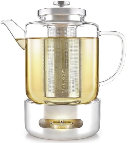 Teabloom Joyful Warmth Teapot with Tea Warmer – 50 oz (6+ Cups) Hand-Blown Borosilicate Glass, Stainless Steel Loose-Leaf Infuser, Heat-Resistant Kettle, Elegant Gift Set for Tea Lovers by Teabloom