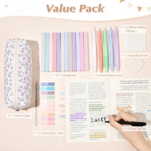 22Pcs Book Annotation Kit Aesthetic Pencil Case with Supplies School Annotation Supplies Gel Pen Transparent Sticky Note Taking Bible Study College Stationery Supplie (Lavender Floral) - Image 2