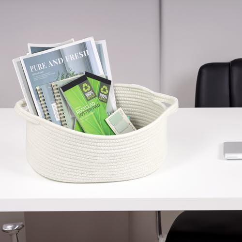 Small Woven Cotton Rope Basket with Handles, White, 12 Inch - Image 6