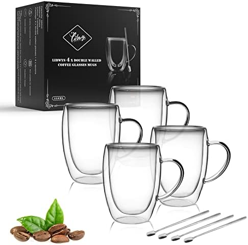 LIBWYS 4 Pack Double Walled Coffee Cups Glasses Mug 12oz Borosilicate Glass by LIBWYS