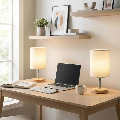 Small Table Lamp Set of 2, Bedside Lamp with 3000K Warm LED Bulb Included, Nightstand Lamp for Living Room Office Dorm Kids Room, Easy Assemble Minimalist Cream Shade & Wood Base(5W) - Image 5
