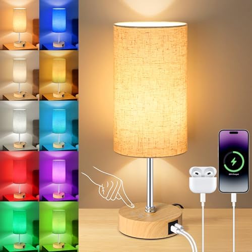 Unicozin Small Table Lamp, 3CCT & 7 RGB Color Changing, Dimmable Nightstand Lamp with Wood Grain Base, Touch Bedsides Lamp for Bedroom, Office, Kids Room, Nursery, Party, Beige Shade by Unicozin