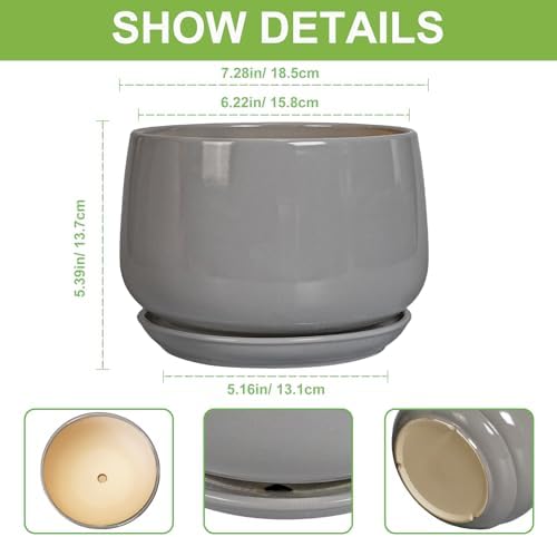 G EPGardening Ceramic Planter 7 Inch, Round, Modern, Gray - Image 3