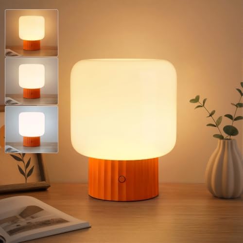 VOLISUN Mushroom Lamp, Cordless Rechargeable Table Lamp with Glass Shade, 3 Color Temperatures & Stepless Dimming, 5200mAh, Touch Control Bedside Lamps for Living Room, Bedroom, 1 Pack (Orange) by VOLISUN