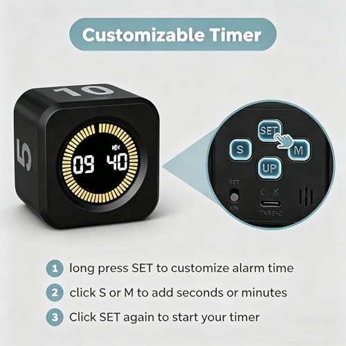 2 Pack - KADAMS Pomodoro Cube Timer Productivity Visual Timer - 5/10/25/50 Min Rotating Countdown (2, Black) - Image 6