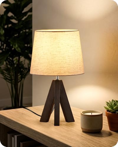 Small Table Lamp for Bedroom, 14.6" Bedside Lamp with Beige Linen Shade & Walnut Wood Tripod Base, Modern Nightstand Lamp for Living Room, Nursery, Entryway, E26 Socket, VE51TL05 by GOEBLESON