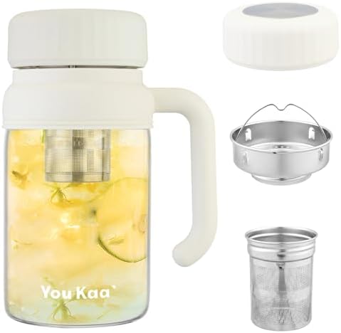 32oz Glass Water Bottle, Tea Bottle with Infuser & Handle, BPA-Free Leakproof Wide Mouth Large Tea Infuser cup for Hot or Cold Drinks, Loose, Fruit (White) by wangsdjy