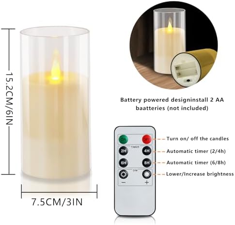 wemarry Flameless Candles Acrylic Glass Pillars 3" D x 6" H Battery Operated Flickering Candles Include 8-Key Remote with Timer Function 400+ Hours (Pure White, Warm Light 2 Pack) - Image 3