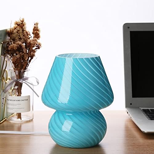 Mushroom Lamp,Glass Arctic Blue Mushroom Bedside Table Lamps Vintage Translucent Murano Style Striped Small Nightstand Desklamp Swirl Light for Home Decor, Dining, Living, Bedroom, Gift (Stripe Blue) by BosendaOpto