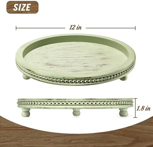 KULEDM Handmade Wooden Decorative Tray, Small Beaded Coffee Table Tray Decor, Sage Round Serving Tray for Coffee Table, Dining Room Table Entryway and Living Room Table - Image 3