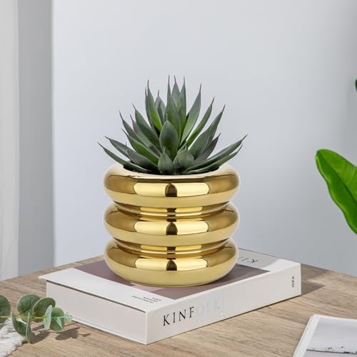 Briful Gold Ceramic Planter Pot with Drainage Hole 6in Polished Tiered Bubble Flower Planter Garden Pot for Indoor Plants Modern Home Office Decor - Image 5