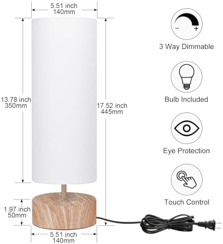 Touch Table Lamp with Wood Grain Metal Base, 3 Way Dimmable Bedside Lamp - Image 2