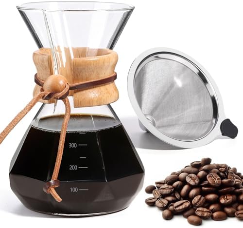 Pour Over Coffee Maker 14 OZ, 4 Cup Borosilicate Glass Drip Coffee Maker with Reusable Stainless Steel Filter and Cork Grip for Home Café 400 ML (Diamond Shape) by Yopinmall