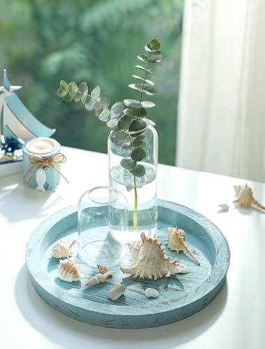 Hanobe Round Wood Candle Holder Tray, Ocean Blue Coastal Coffee Table Decor - Image 2