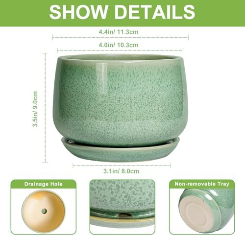 G EPGardening Ceramic Plant Pot - 4 inch Plant Pots with Drainage Hole & Saucer, Small Pots for Plant Indoor Outdoor, Modern Round Planter, Decorative Flower Pot, Room Decor, House Warming Gift, Green - Image 2