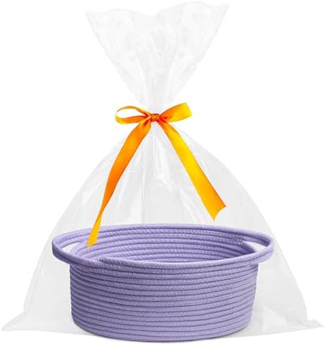 Pro Goleem Small Woven Basket with Gift Bags and Ribbons Durable Baskets for Gifts Empty Small Rope Basket for Storage 12"X 8" X 5" Baby Toy Basket with Handles, purple by ProGoleem
