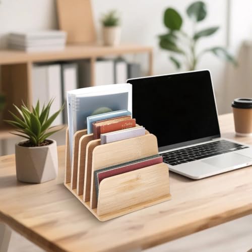 UNICRAFTALE 5-Slot Bamboo Paper Organizer Stand Vertical Desktop File Rack Modular Letter Holder for Home Office Countertop Mail Sorter 7.5x9.8x7.1 Inch - Image 5
