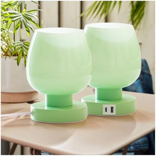ONEWISH Touch Bedside Table Lamp with USB Charging - 3 Way Dimmable Small Glass Lamp for Bedroom, 2700K LED Bulb Included, Green, 2 Packs by onewish