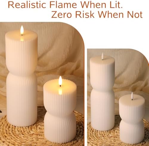 White Ribbed Flameless Pillar Candles with Remote Set of 2 - Image 5