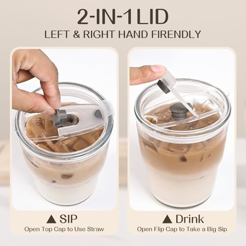AUFXKOO13oz Glass Tumbler with Straw and Lid，2 Pack Iced Coffee Cups with lids Reusable,Glass to go Coffee Cup,Glass Cups with Lids for Drinking Matcha, Coffee, and Juice. - Image 4