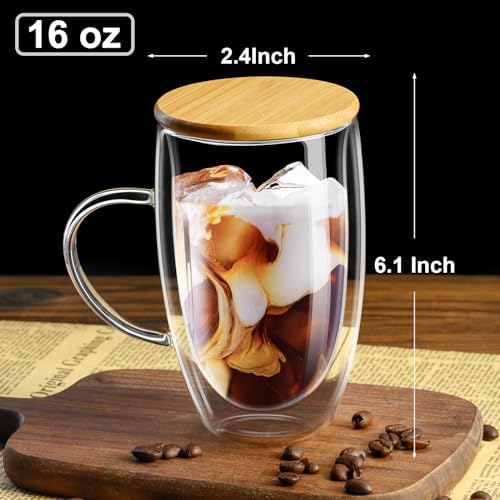 PARACITY Double Wall Glass Coffee Mugs 16OZ with Bamboo Lid/Spoon, Glass Coffee Cups Set of 2 with Handle, Insulated Clear Coffee Mug, Perfect for Latte, Cappuccino, Espresso, Hot Beverage, Tea - Image 2