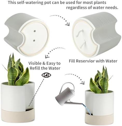 Nihow Ceramic Self Watering Plant Pot for Indoor Plants, 8 Inch,White - Image 3