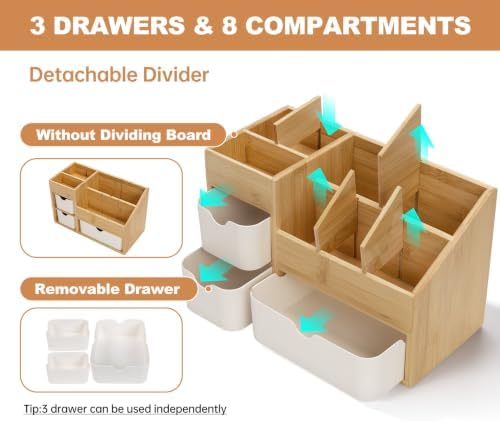 Bamboo Desktop Organizer with 3 Drawers, Drawer Tabletop Storage Organization Box for Home/Office, 3-Tier Makeup Vanity Organizer for Dresser Countertop, Detachable Divider - Image 5