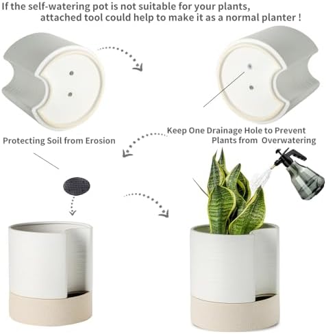 Nihow Ceramic Self Watering Plant Pot for Indoor Plants, 8 Inch,White - Image 4