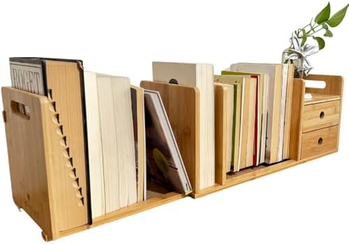 Desktop Bookshelf Expandable with Two Drawer Organizers Made of Bamboo, Collapsible Design & Compartments for Efficient, Clutter-Free Workspace Organization - Sleek Bookshelf by ECOHOME