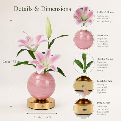 Lily Table Lamp, 3 Color Planet Night Light, Rechargeable Cordless Touch Dimming Artificial Flower Light, LED Flower Bedside Lamp Romantic Gifts for Girl Women Mom (Pink Lily) - Image 2
