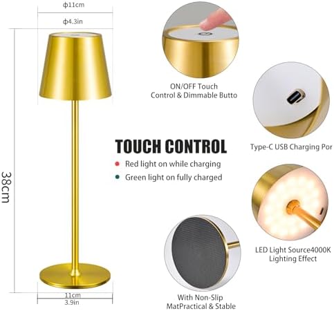 2 Pack Cordless Table Lamp,Portable LED Desk Lamp, 6000mAh Battery Operated, 3 Color Stepless Dimming Up, for Restaurant/Bedroom/Bars/Outdoor Party/Camping/Coffee Shop Night Light(Gold) - Image 4