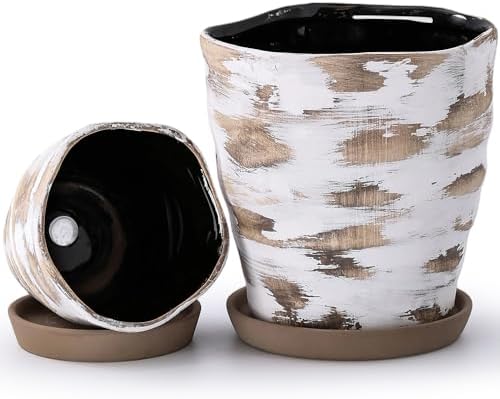 4+6 Inch Ceramic Planter Set of 2 with Drainage Hole,Saucer for Plants, Indoor-Outdoor Large Round Succulent Orchid Flower Pot- Cement Paint, Inner-pots not Larger Than 5 Inch Light Brown by Unknown