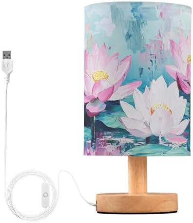 Art Painting Lotus Flowers and Leafs Bedside Table Lamps with USB Port for Bedroom Lamp Table Lamp Small Nightstand Lamp Linen Shade Wooden Base Decorative Lamps for Home Dorm Office Living Room by Fustylead