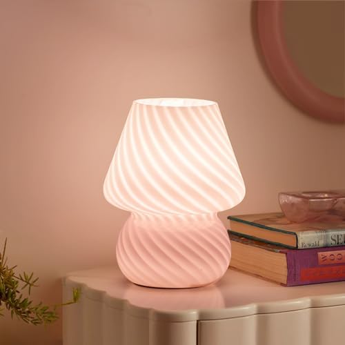 ONEWISH Mushroom Lamp-Small Bedside Table Lamp with Striped Glass, Nightstand Lamp for Bedroom, Living Room, Cafe, Bulb Included, Home Decor for Girls Women, Pink by onewish