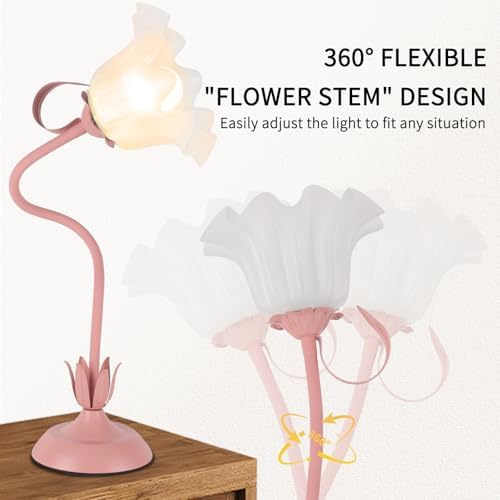 Cute Flower Desk Lamp, 3 Color Temperature Table Lamps with LED Bulb, Vintage Bedside Lamp, Reading Lamps with Soft Light for Bedroom, Living Room（Pink） - Image 2