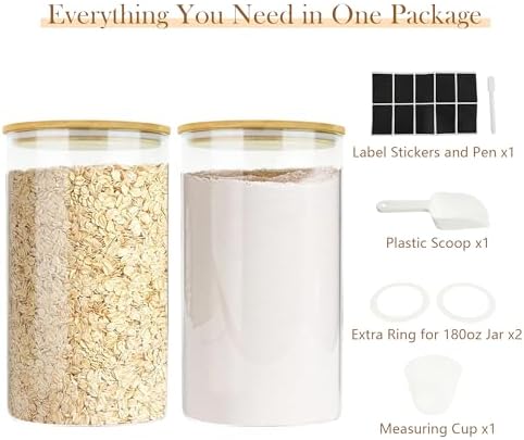 Large Glass Cereal Containers Storage with Airtight Bamboo Lids,Pantry Storage Container,Perfect for Kitchen Organization - Flour, Rice, Pasta, Sugar, Coffee Beans, Accessories Included,2 packs(168oz) - Image 6