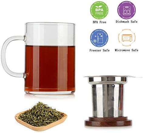 COMI Tea Cup with Infuser Walnut Lid&Handle, Glass Tea Cups with Wide Mouth Extra Large Capacity, Stainless Steel Tea Infuser Mug for Loose Leaf Tea Steeping(14oz/400ml) - Image 2