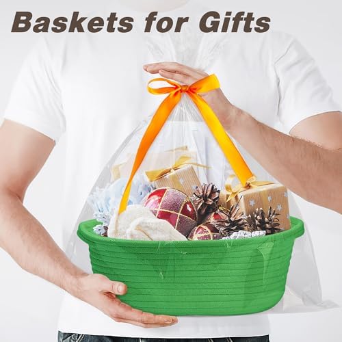 Pro Goleem Small Woven Basket with Gift Bags and Ribbons Durable Baskets for Gifts Empty Small Rope Basket for Storage 12"X 8" X 5" Baby Toy Basket with Handles, Grass Green - Image 2
